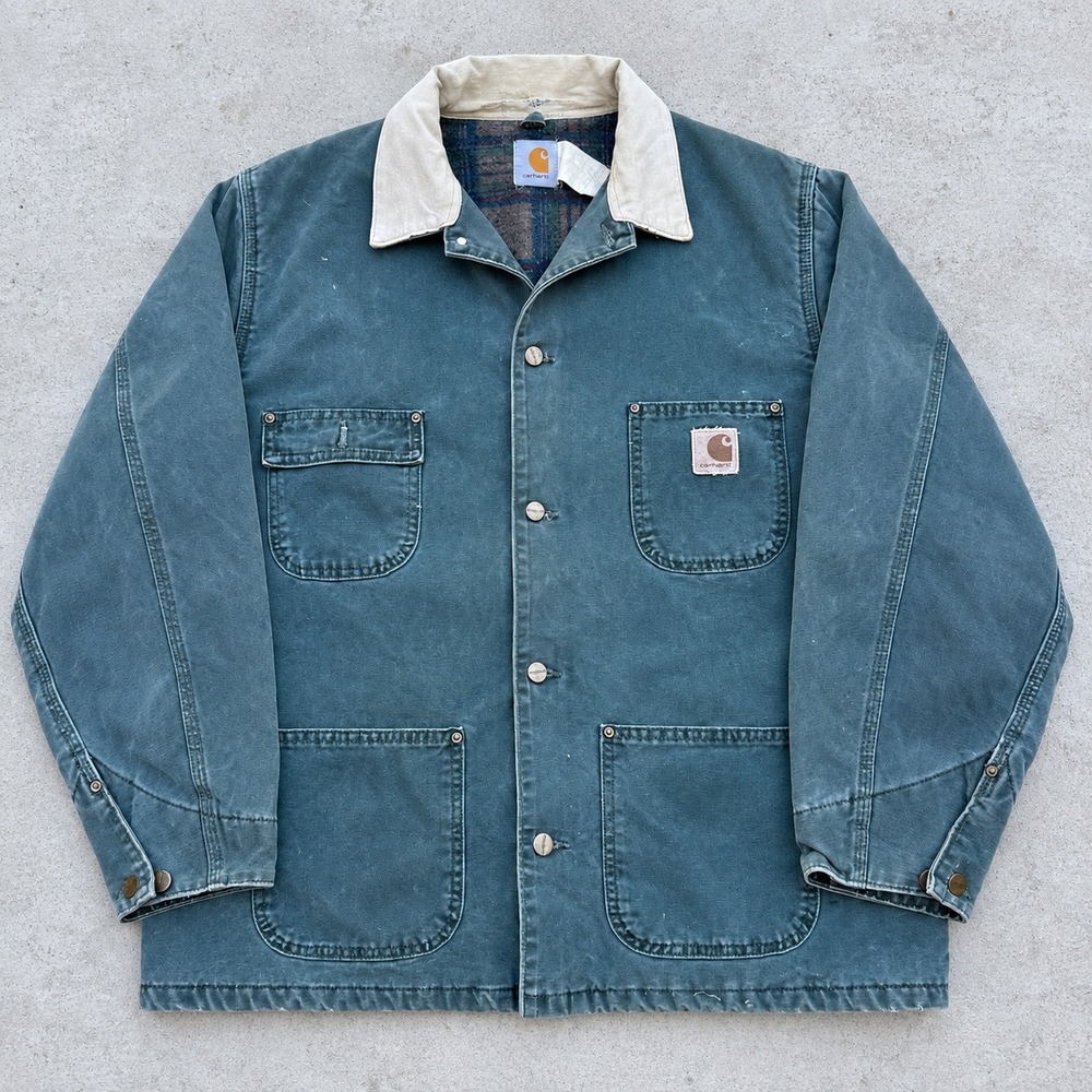 Vintage Carhartt Chore Coat C02 HTG Blanket Lined Faded Green Blue Xl